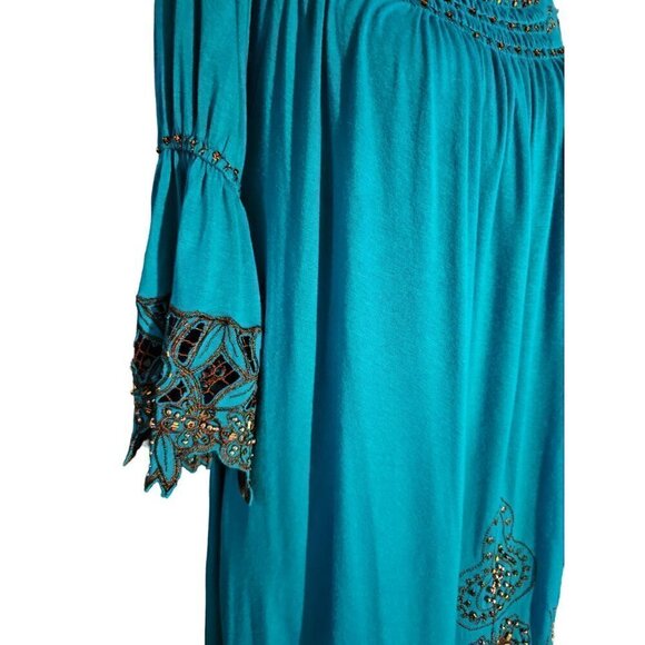 Urban Mango Deep Ocean Blue Comfy Boho Dressy Beaded Lounge Mini Dress, Size M - Picture 3 of 8